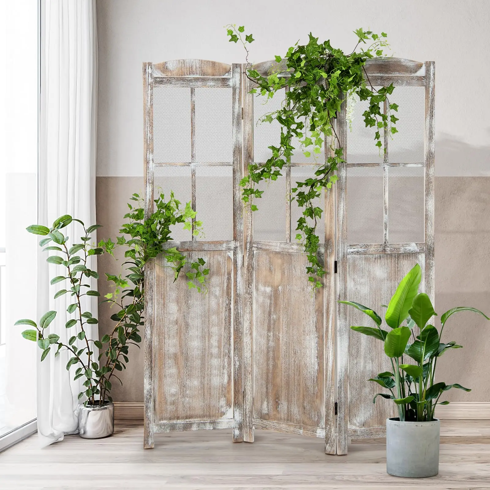 3-Panel Folding Room Divider, 6FT Paulownia Wood Privacy Screen with Mesh Window, Natural Rustic Freestanding Wall