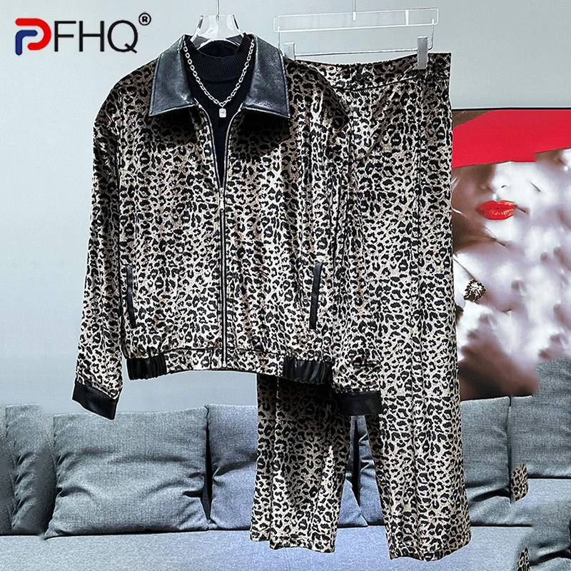 PFHQ New Trendy Design Two-piece Men Set Autumn Fashion Casual Leopard Print Turn-down Collar Jacket Set 2024 21Z5739