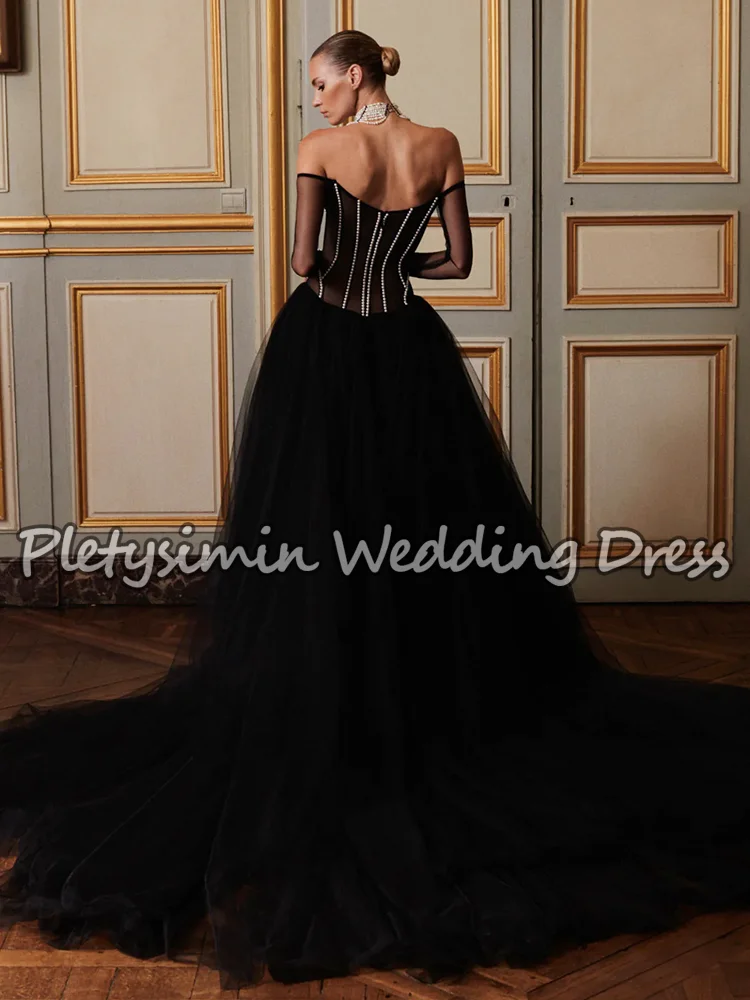 Vestidos De Novia góticos negros con hombros descubiertos, Vestido De Novia De corte en A De tul con corsé De perlas, Vestido De Novia transparente De manga larga personalizado