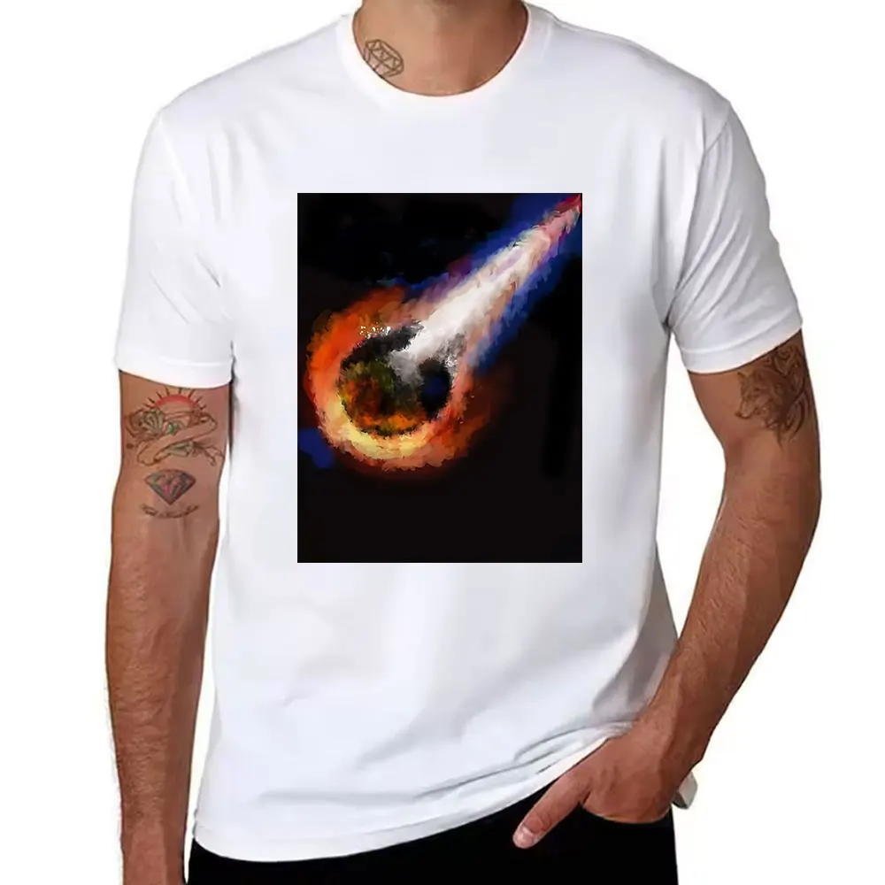 Men's Cotton Short Sleeve T-Shirt, Cool Burning Meteor Print Casual Tee, Breathable Summer Top for Daily Wear & Outdoor Activiti
