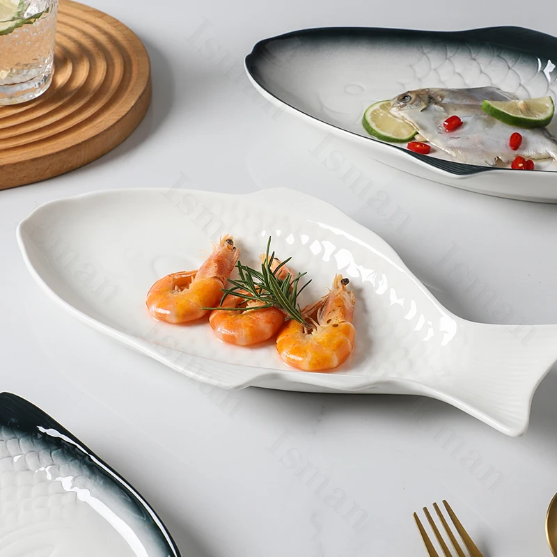 Creative Fish Shaped Ceramic Plate Simple Restaurant Tableware Steamed Fish Dish Grilled Fish and Seafood Dishes Dinner Plates