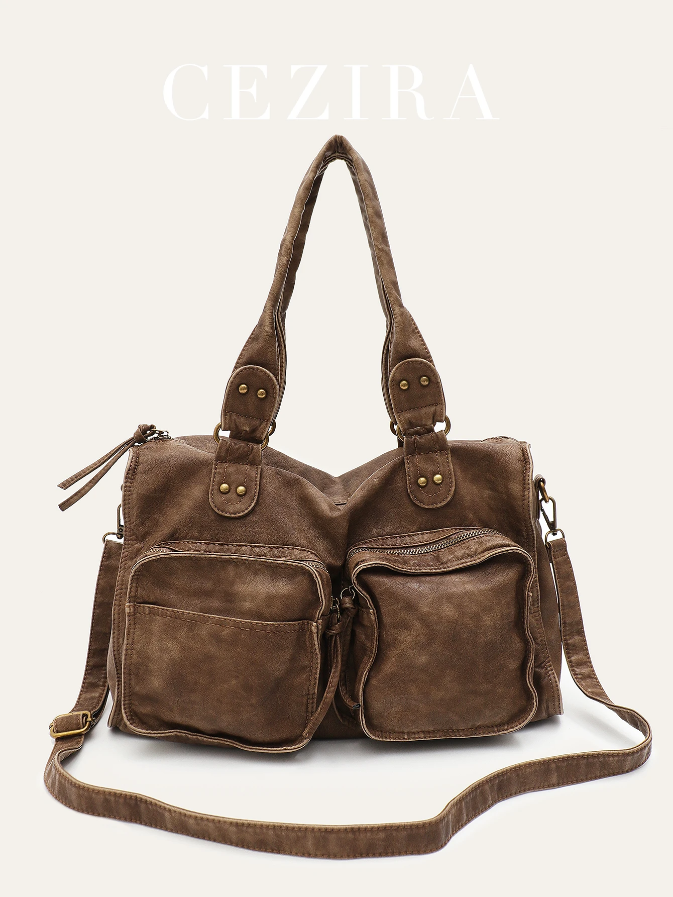 Women Vintage Soft Washed PU Leather Handbag Y2K Cool Street Large Tote Cross body Shoulder Bag Multi Pockets Functional Travel