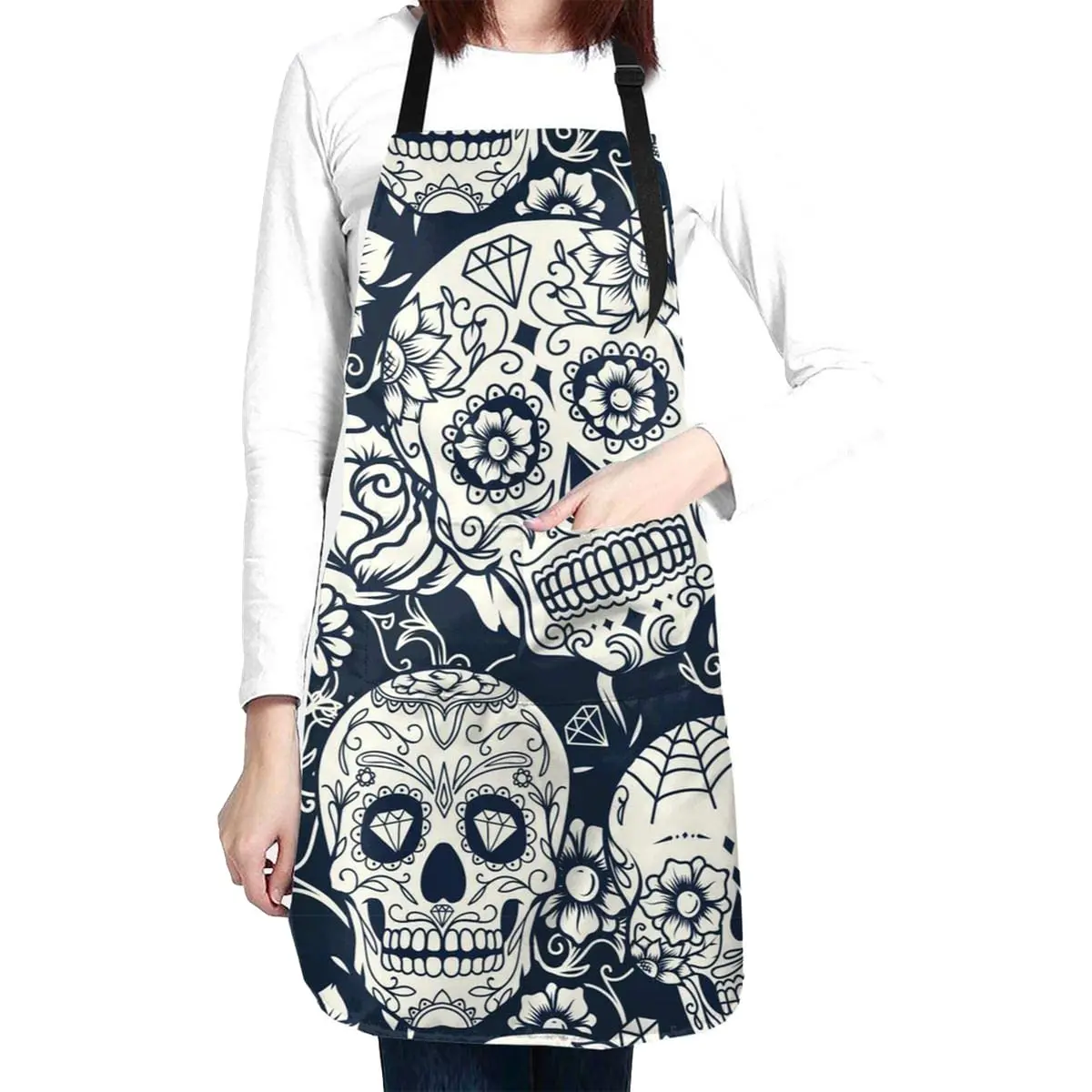 

Sugar Skulls Waterproof Apron for Adults Day of the Dead Chef Bib With Roomy Pocket for Kitchen BBQ Crafting Drawing