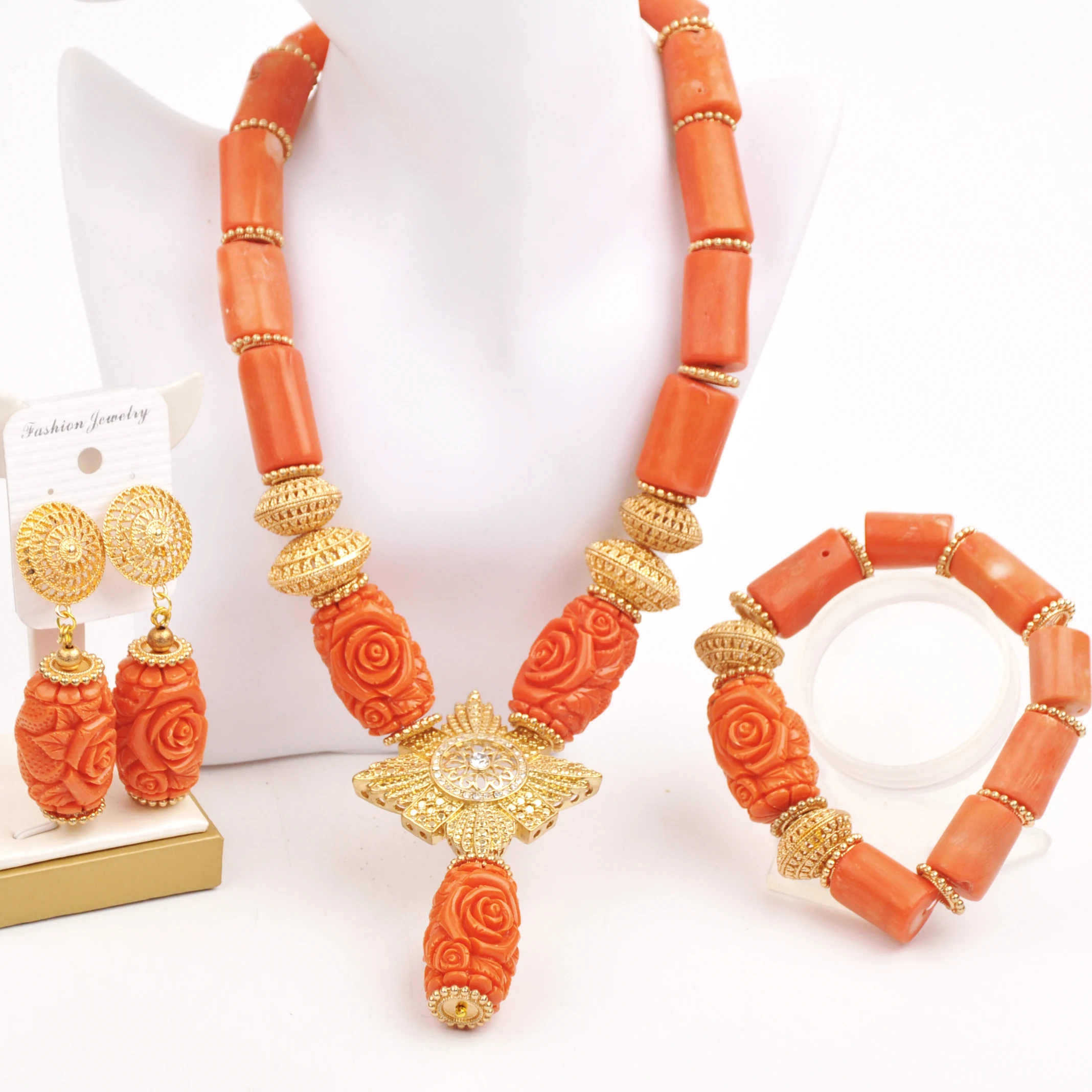 

Fashion Nigerian Coral Beads Necklace African Bridal Jewelry Set for Women