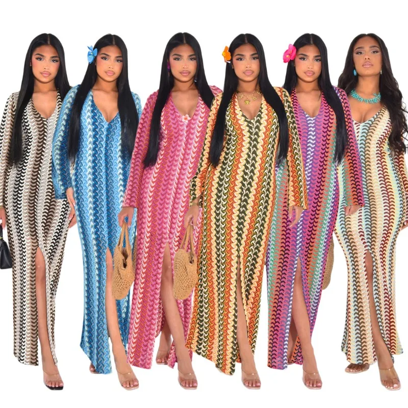 Crochet Colorful Stripe Maxi Dress Women Flare Sleeve V-neck High Split Sexy Long Dresses 2025 New Autumn Beach Banquet Vestidos