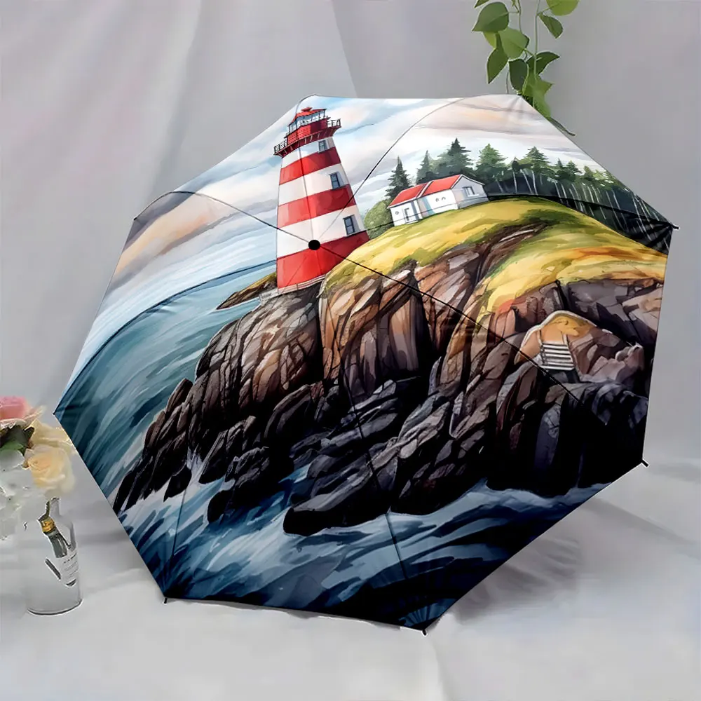 1PC Coastal Lighthouse Printed Umbrella with Scenic Design Print 8 Iron Ribs Folding Umbrella Auto-Open Fashion Sunshade