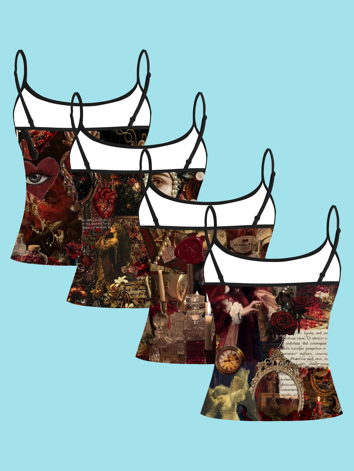 4-Piece Set of Vintage Dark Oil Painting Collage Print Camisole Tops for Women, Red-Toned Classical Art Slim-Fit Spaghetti Strap Tops