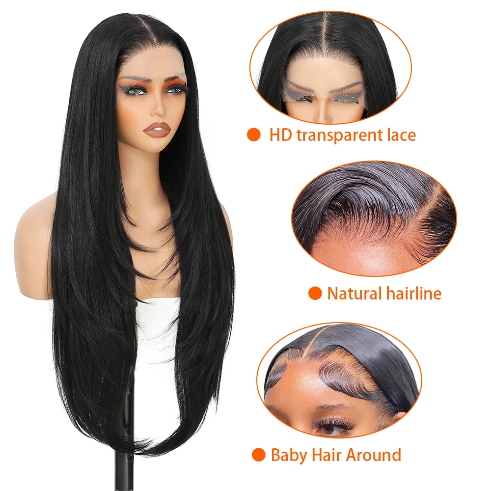 Perucas longas em camadas 13x4 perucas frontais de renda perucas de cabelo sintético com cabelo de bebê para mulheres 30 polegadas preto loiro 180 densidade