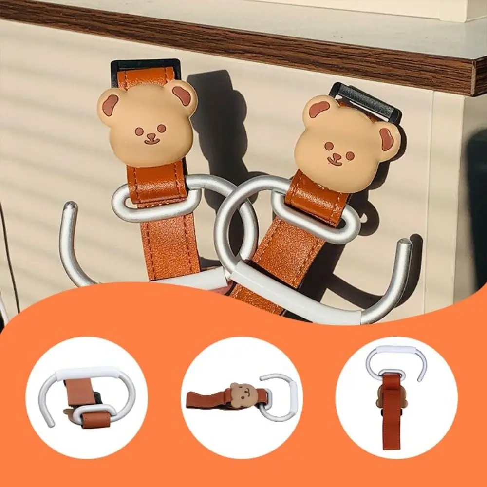 Cute Bear Design Stroller Hooks Leather Material Large Carabiner Clips Universal Stroller Hooks Non-Slip Stroller Clips