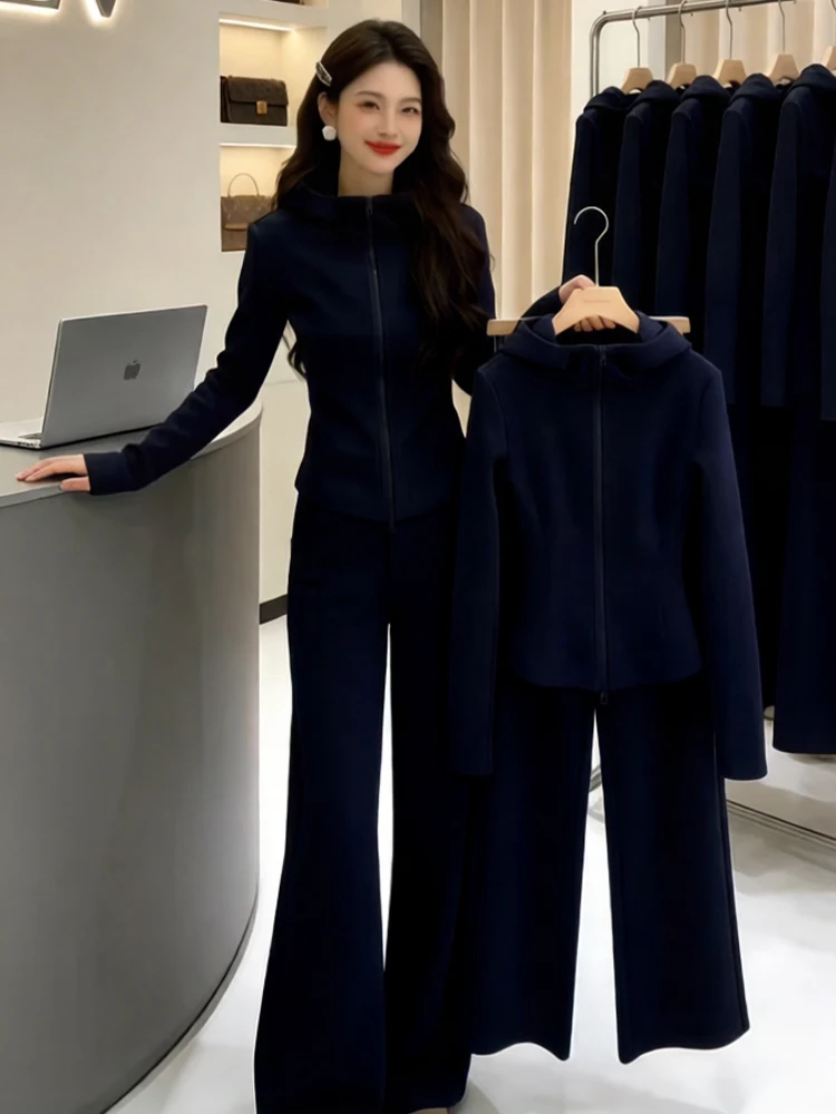 

Spring 2026 Women's Faion Hoodie Jaet And Wide Leg Pants Two Piece Set Casual Loose Fit High Waist Trousers Zipper Closure