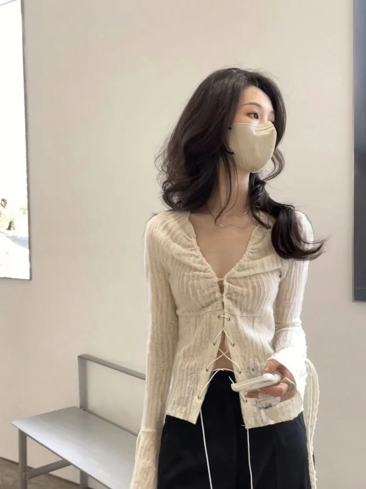 Vintage Fashion V-neck Ruched Shirts Women Spring New Slim Fit Blouses Y2k Grunge Long Sleeve Drawstring Blusas Mujer