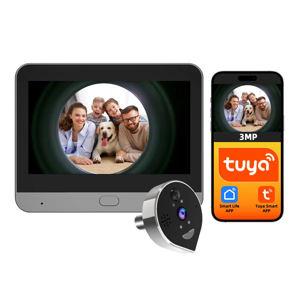 4.3inch Tuya APP 3MP 360Degree Fish Eye Lens WIFI Doorbell Intercom Visual Panoramic Video Door Phone Peephole Camera Doorviewer