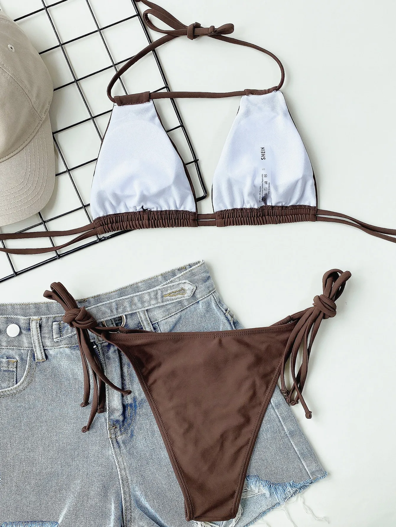 Bikini Set Sexy Brown String Halter Micro Thong Lace-up Swimsuit Hollow Out Swimwear Women 2023 Biquinis Bathing Suit Bikini