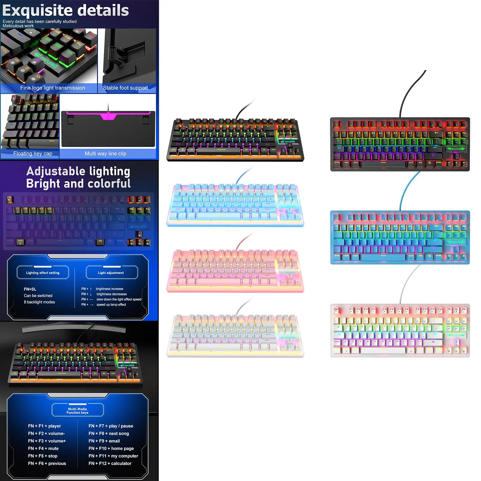 Wired Mechanical Gaming Keyboard Anti-ghosting Detachable Panel Windows Gamer Blue Switch for Gaming Desktop PC Floating