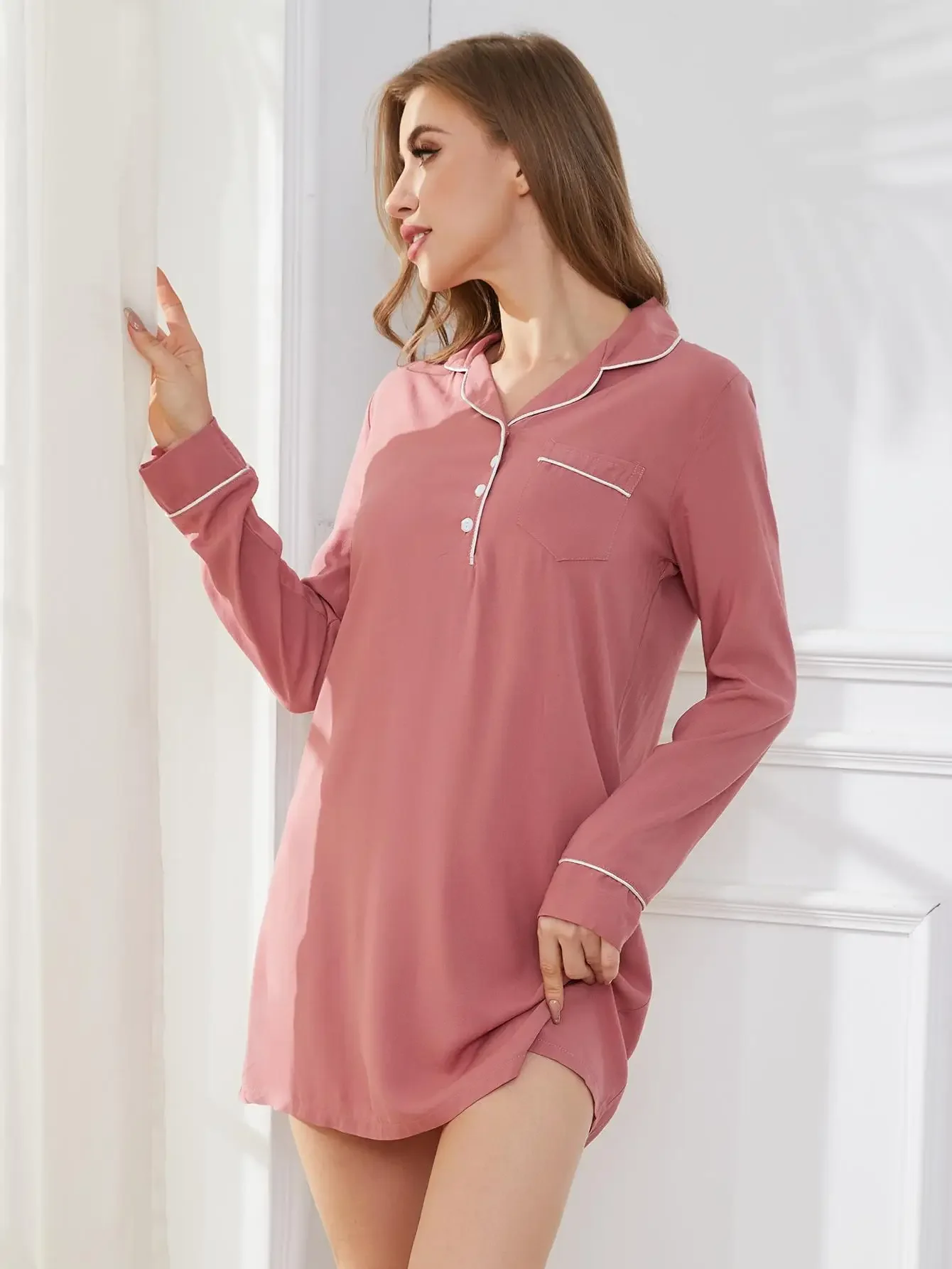 Front Button Women Nightgown Notched Turn Down Collar Sleepdress Long Sleeves Nightdress Female Spring Sleepwear Pajamas Dress