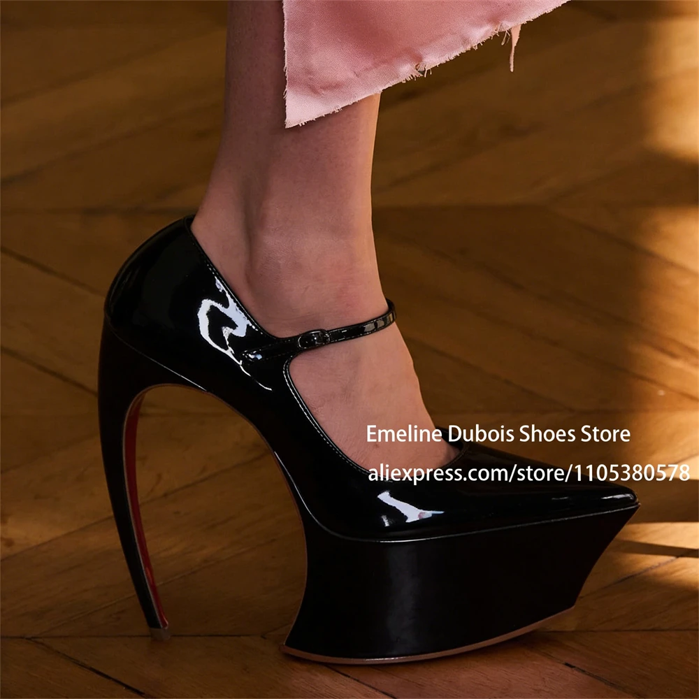 

Satin Platform High Heel Pumps Strange Heels Lacquered Designer Pointed Toe Ankle Strap Stilettos Party Lovely Shoes for Women