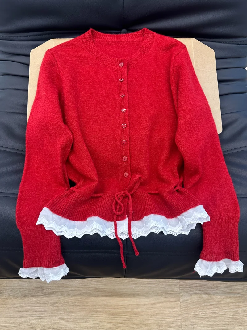 Suéter de Punto Suave y Acogedor con Ribete de Encaje para el Año Nuevo, Estilo Informal para Mujer, Hoado, de Manga Larga ...