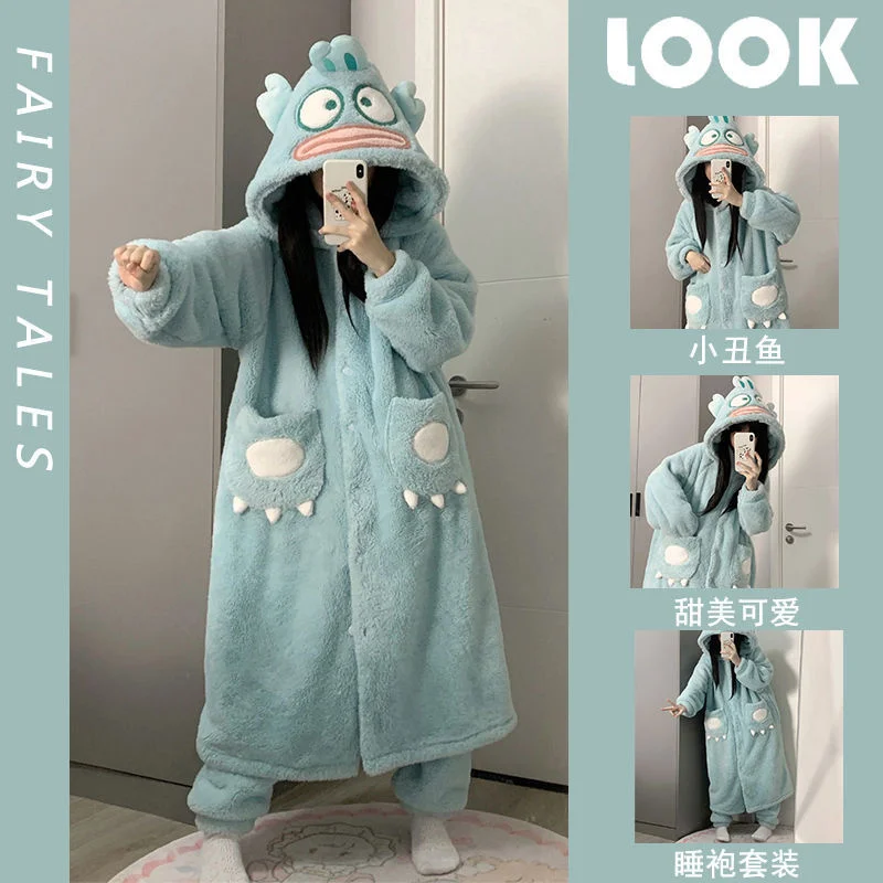 Women's Pajamas Set Warm Sweet Hooded Nightgown Clown Fish Animal Cosplay Suit Winter Flannel Home Clothes Soft Robes