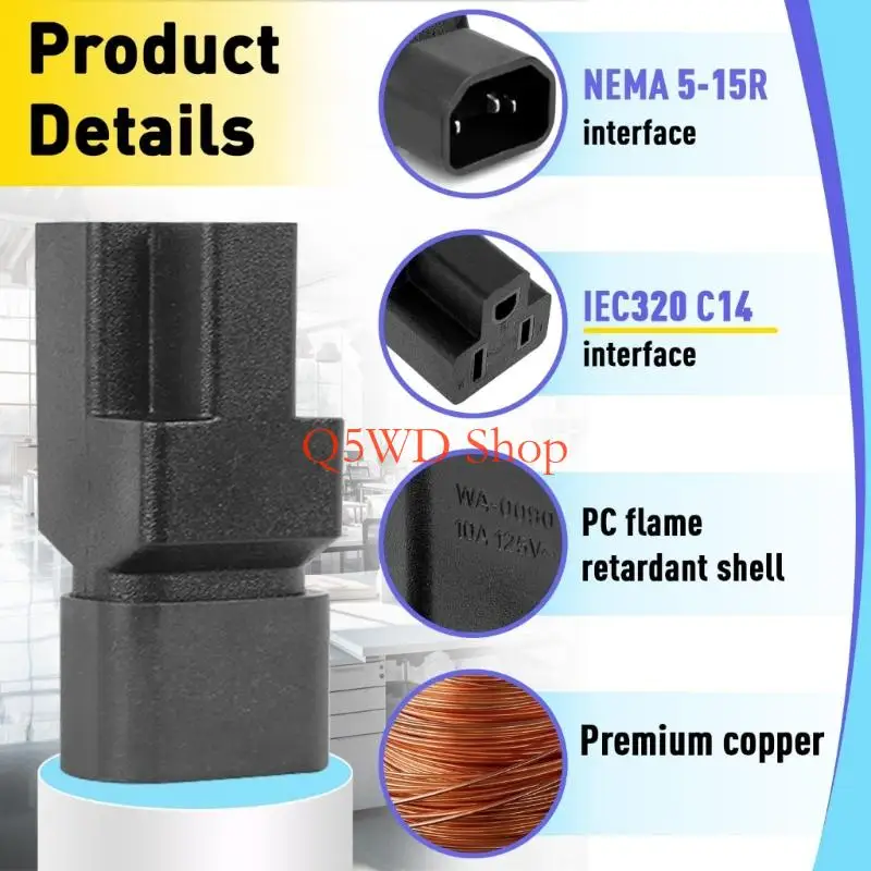 Q5WD Strong C14 Power Adapters 10amp 125V Rating Nylon for UPS Systems & Data Centers