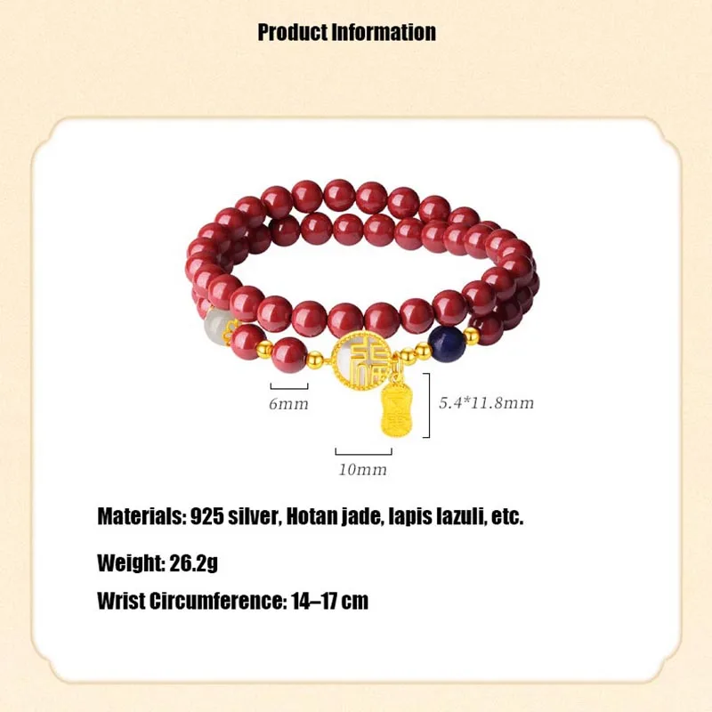 Women's Trendy Sterling Silver Cinnabar Bracelet Traditional Chinese Style Fashion Vintage Mother's Day Gift
