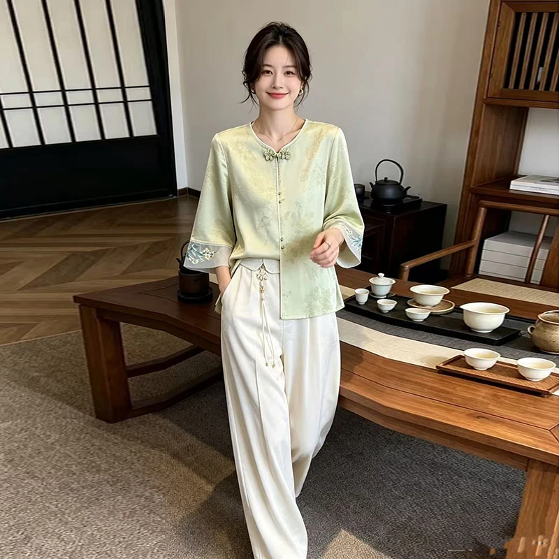 New Chinese Style Embroidered round Neck Floral Embossed Acetate Satin Drape Wide Leg Pants Women's Set Traditional Wedding C...