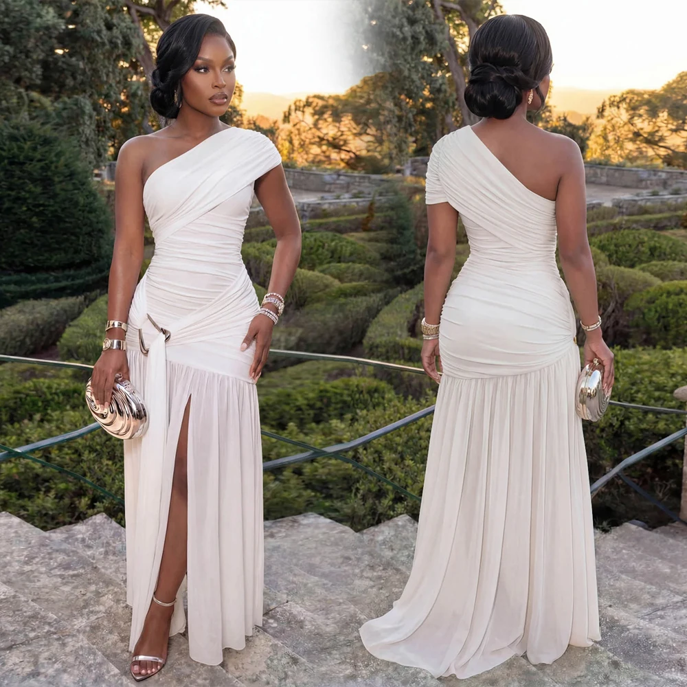 Sommerliches Damen-Abendkleid: Sexy One-Shoulder-Maxikleid mit Raffungen, Mesh-Einsatz, Metallschnalle, hohem Schlitz und plissiertem Saum – Partykleid 2026 – Detail 7
