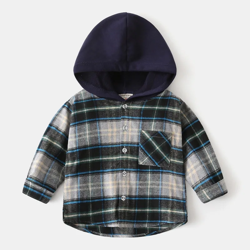 2024 Autumn Children's Boys Clothing Children's Long Sleeved Shirt Korean Version Boys' Hooded Checkered Shirt Baby Top