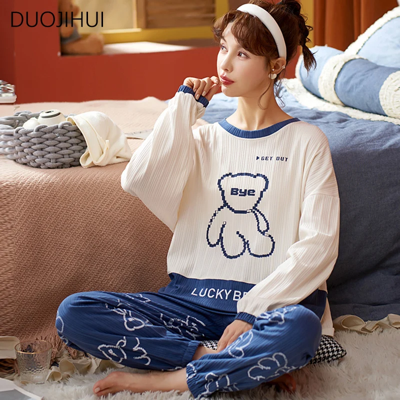 DUOJIHUI Classic Two Piece Spell Color Casual Female Sleepwear New O-neck Pullover Loose Pant Fashion Printing Pajamas for Women