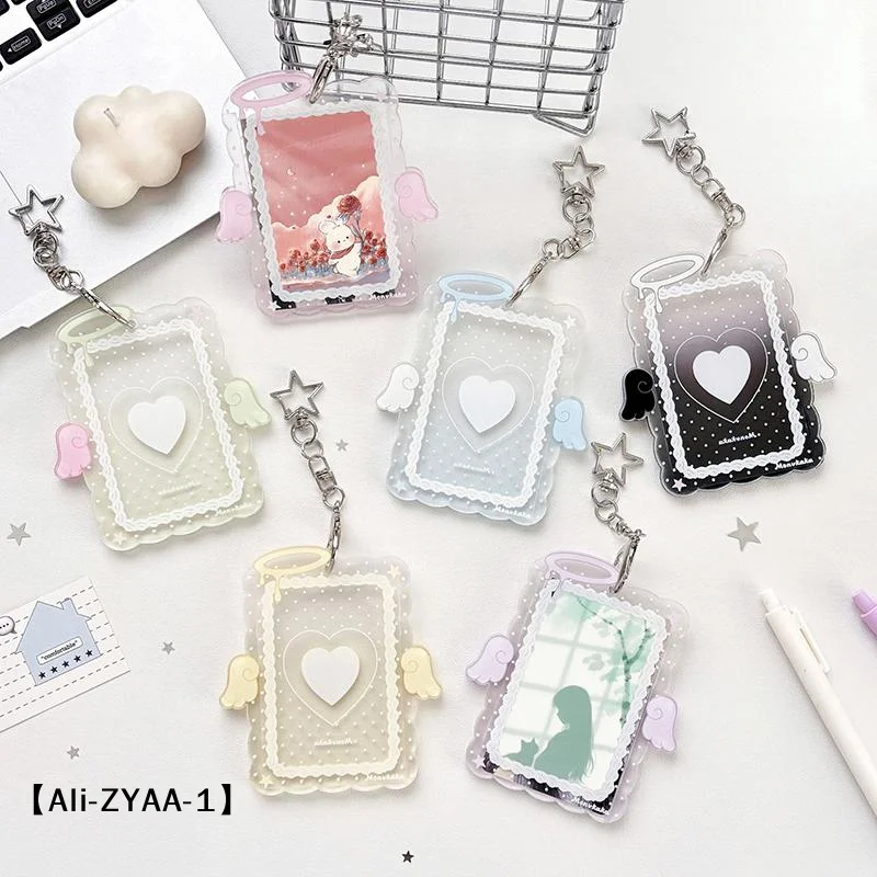 【A】1Pcs 3 Inch Transparent Acrylic Photocard Holder Cartoon Angel Wing Star Keychain For Kpop Photos ID Cards