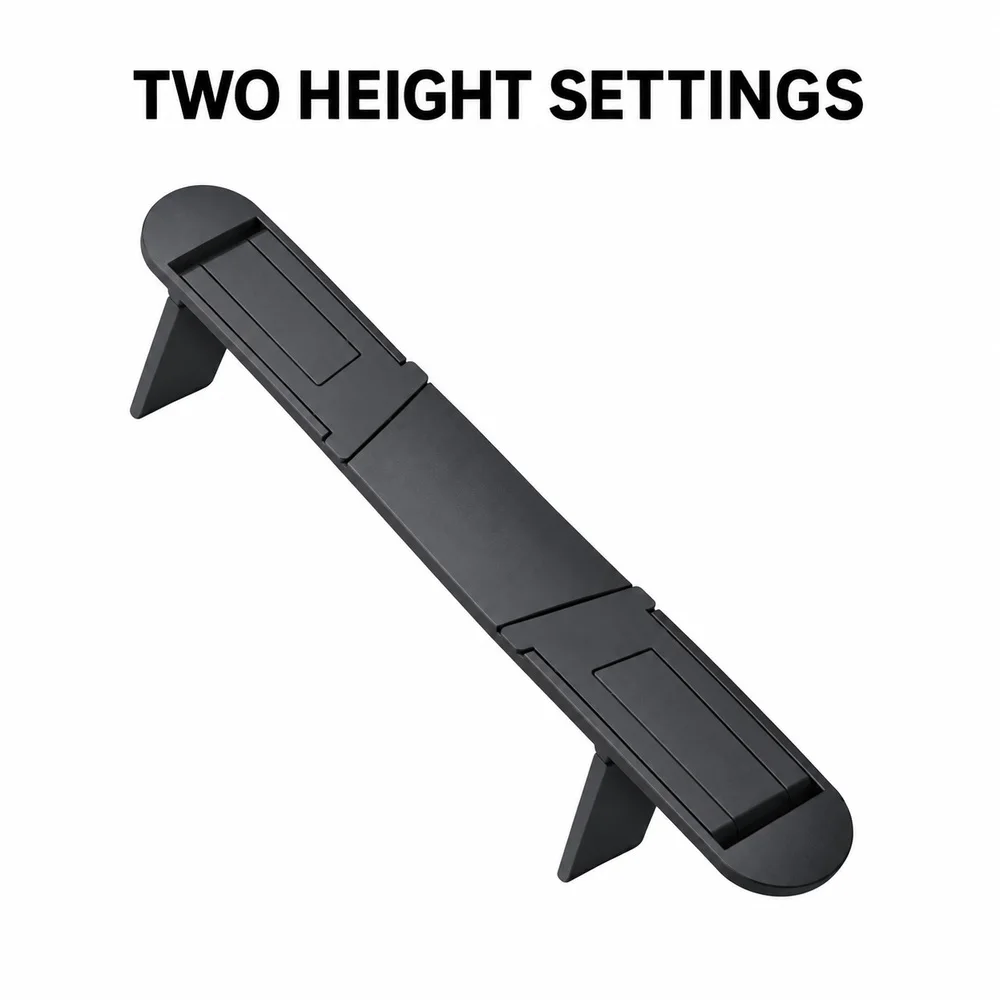 Black Fold-Flat Laptop Support Stand, Adhesive Mount, Dual Height Legs, Lightweight Portable Desk Riser for Notebook Computers