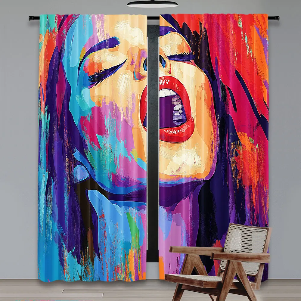 2Pcs Jazz Music Curtain Oil Painting Woman Singer On Performing Singing Suitable For Bedroom Living Room Dining Room And