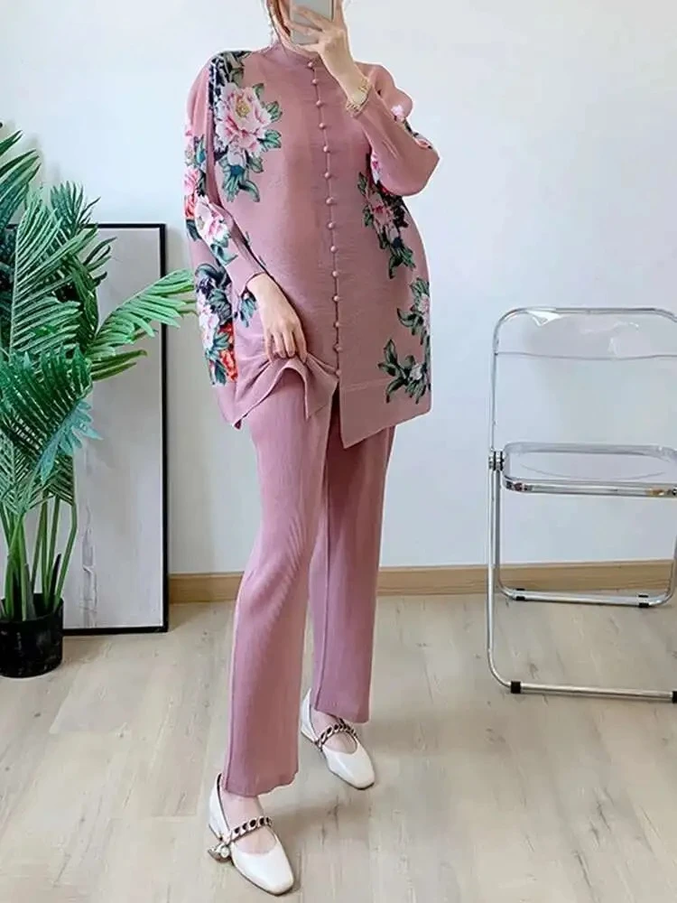 Miyake 2025 Summer New Single Breasted Top Casual Straight Wide Leg Pants Female Fashion Printed Pleated Two Piece Women's