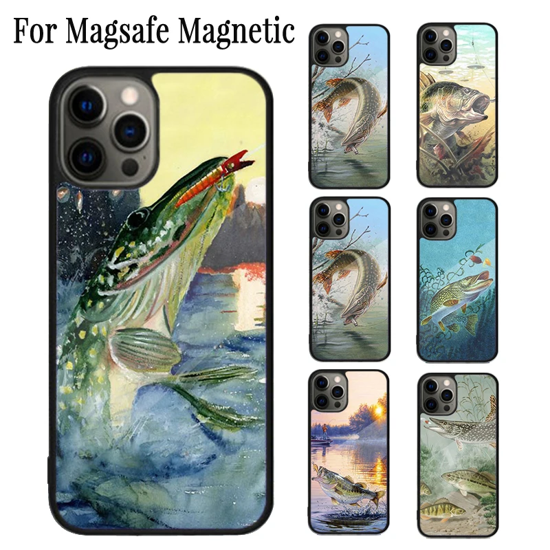 Pike Fish Fishing Bait Magnetic Phone Case Coque For iPhone 16 15 14 Plus 13 12 Mini 11 Pro Max Magsafe Wireless Charging Cover