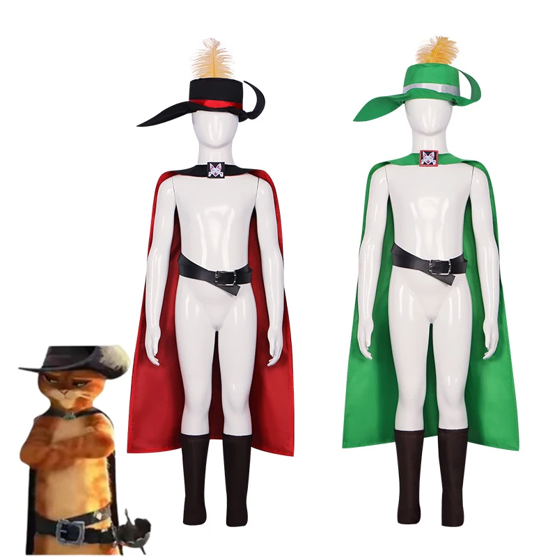 

Anime Cartoon Puss To Boots Brave Cat Hero Roleplay Costume, Red/Green Cloak with Feather Hat Complete Set for Themed Events