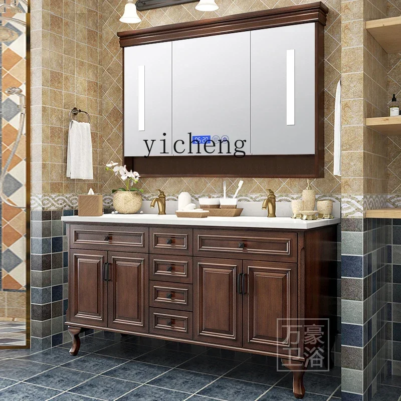 oak double double basin bathroom cabinet combination face wash basin cabinet solid wood washstand
