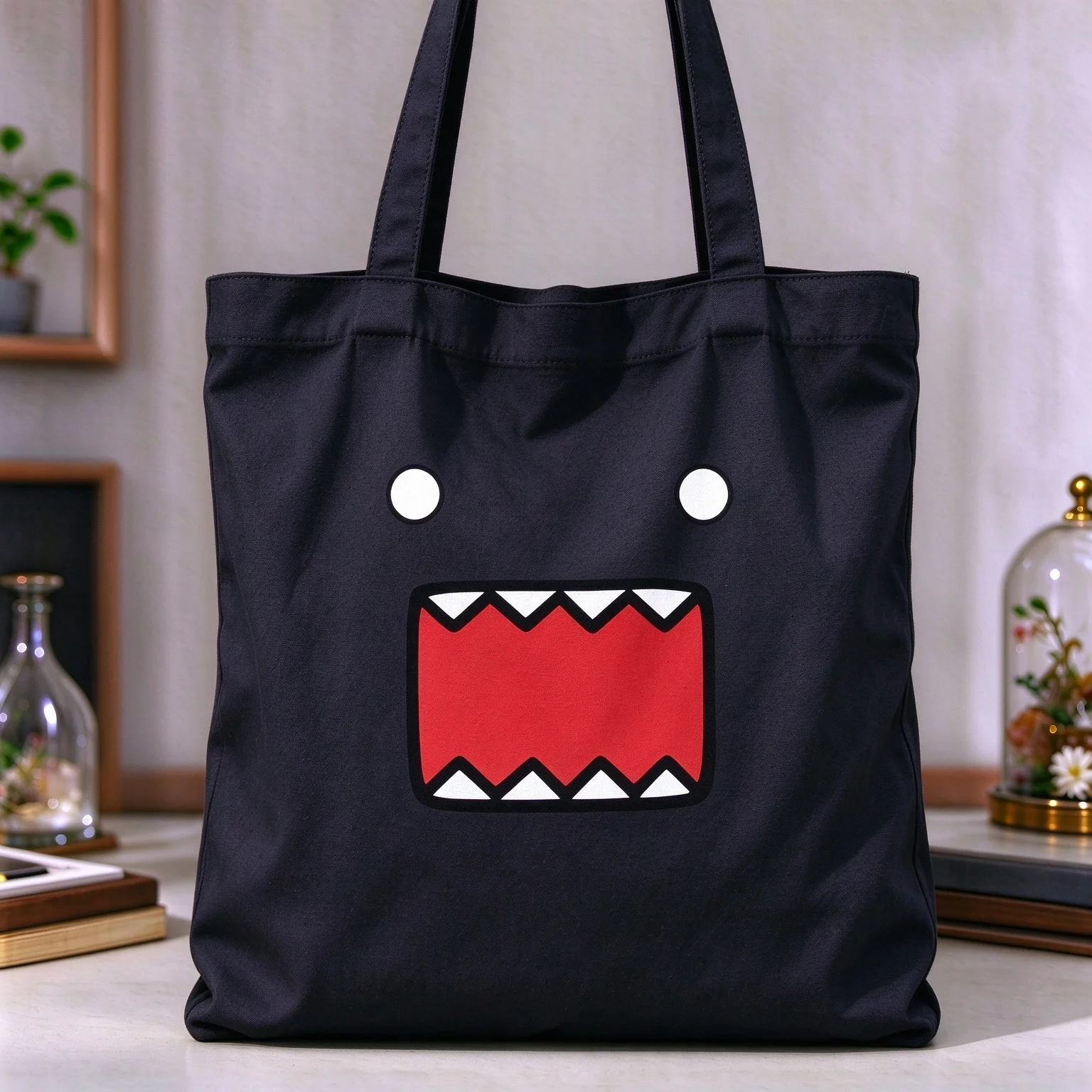 2026 Funny Big Mouth Monster Face Canvas Tote Bag Momo Monster Original Cartoon Print Lightweight Reusable Shopping Handbag