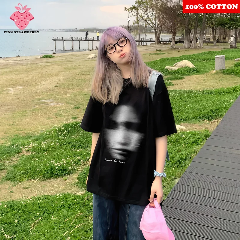 

Fashion Abstract Face Print T-shirt Women Summer New 100% Cotton Korean Street Short sleeves Loose Tee Y2k Tops Female clothes