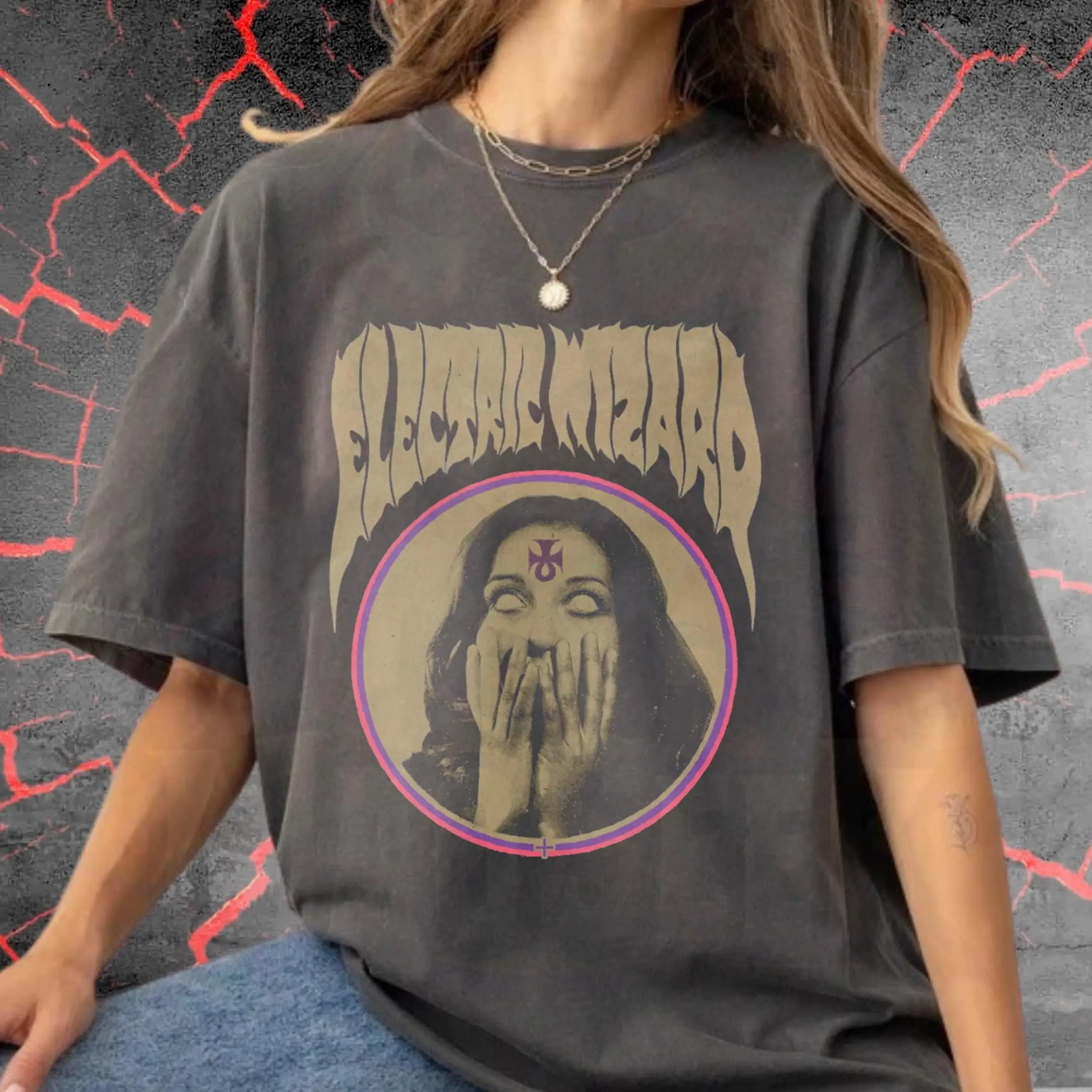 Summer Women's Vintage Electric Wizard  Print T-shirt Cotton and Breathable Short Sleeve Streetwear Oversized Loose Casual
