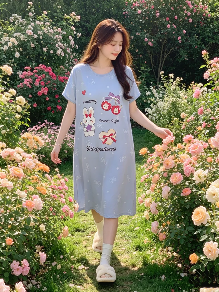 Summer New Loose Dress Women Casual Fashion Cartoon Fun Cute Bear Print Round Neck Short-sleeved Dress Home-based casual wear
