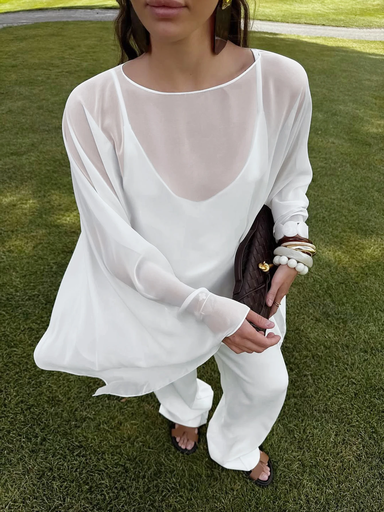 

Dulzura Fashion Sexy Elegant 2 Piece Top Suit Sleeveless Backless Camisole Chiffon Smock Matching Set Party Club Street Clothes