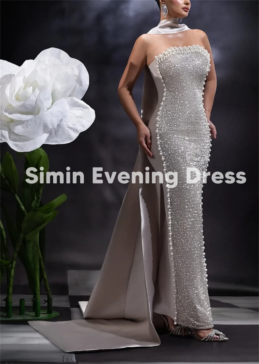 Simin Women's Customized Sequins Pearls Strapless Evening Dresses Sleeveless With Ribbon Floor-Length Elegant Party Dresses 2025
