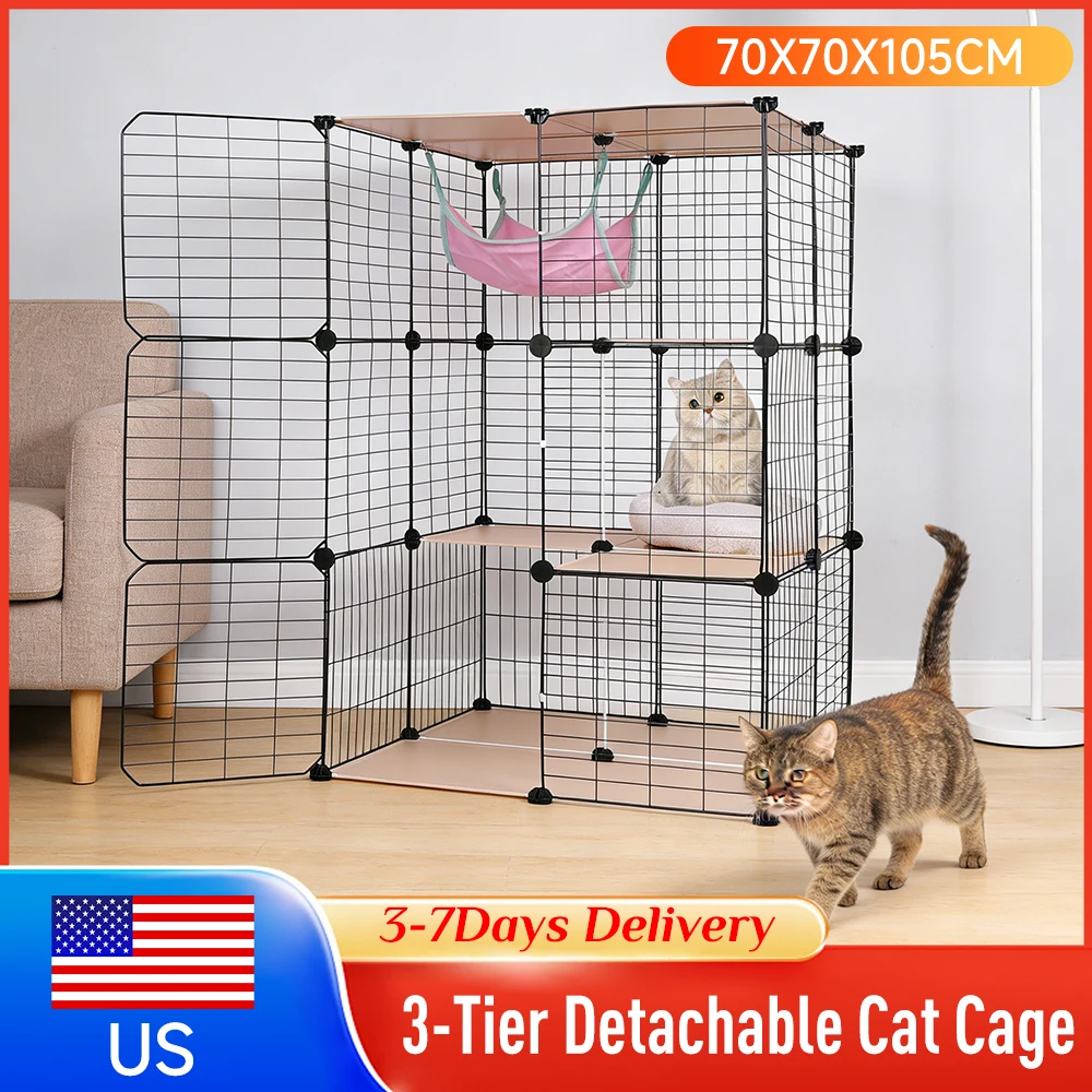 

3 Tiers DIY Indoor Cat Enclosures Cat Wire Kennel Crate with Hammock & Bed Detachable Kitten Playpen Large Place for 1-3 Cats ﻿