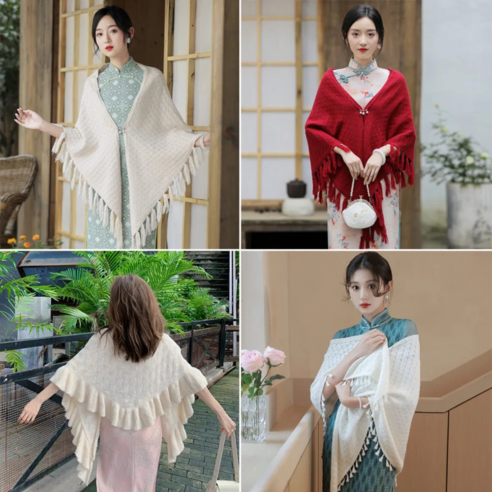 2023 New Spring Sweet And Elegant Cape Cardigan Women Cheongsam Chinese Style Qipao Poncho Vintage Literary Knitted Twist Shawl