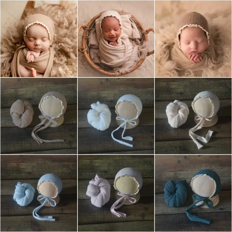 

Baby Knitted Sweater Wrap Hat Set Newborn Jersey Stretch Wrap Newborn Photography Props Baby Swaddle Blanket Layer Photo Props