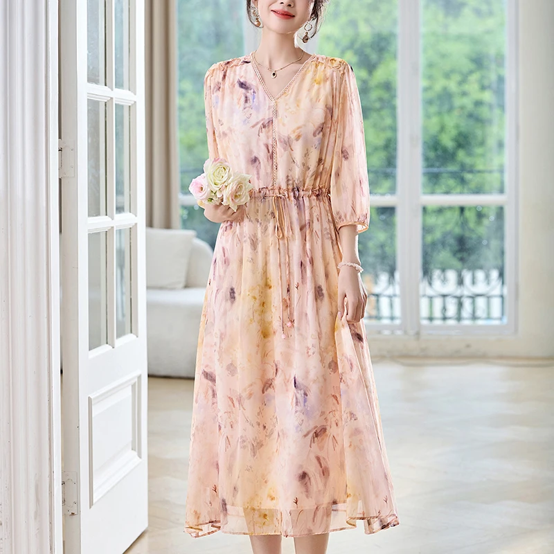 100% Real Silk Elegant Fashion Dresses for Women 2026 Summer V-neck Three Quarter Sleeve Drawstring Women's Long Dress A-line