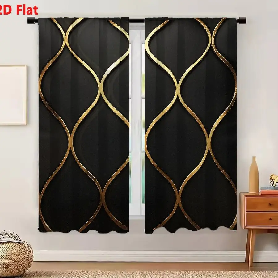 2Pcs Curtains 2D Flat Black Surface With Intricate Repeating Golden Curved Lines Interlocking Diamond Oval Motifs Symmetrical El