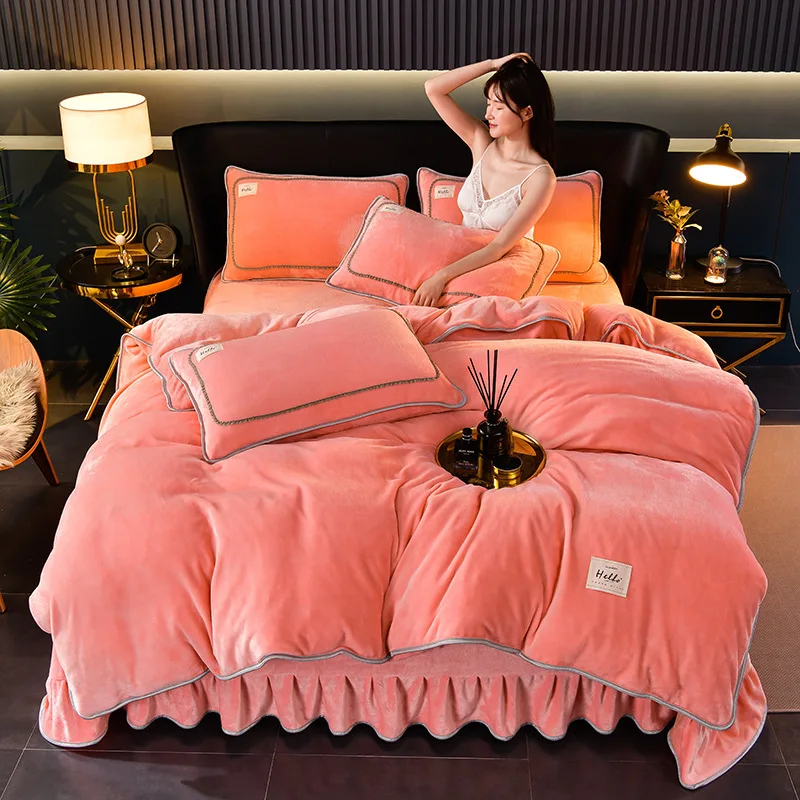 2025 new solid color milk fleece four-piece set, winter thickened warm student dormitory bed sheet four-piece set