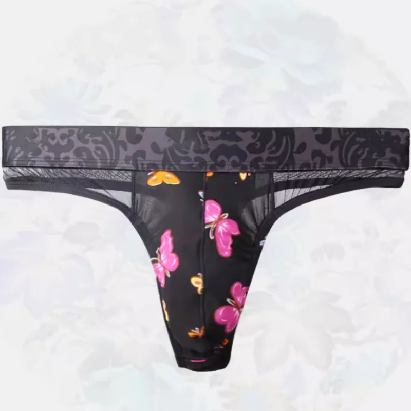 

﻿Men Ice Silk Thong Fashion Mesh Sexy Transparent G-string Hollowed Out Printed T Pants Thin Low Waist Elastic Intimates T-back