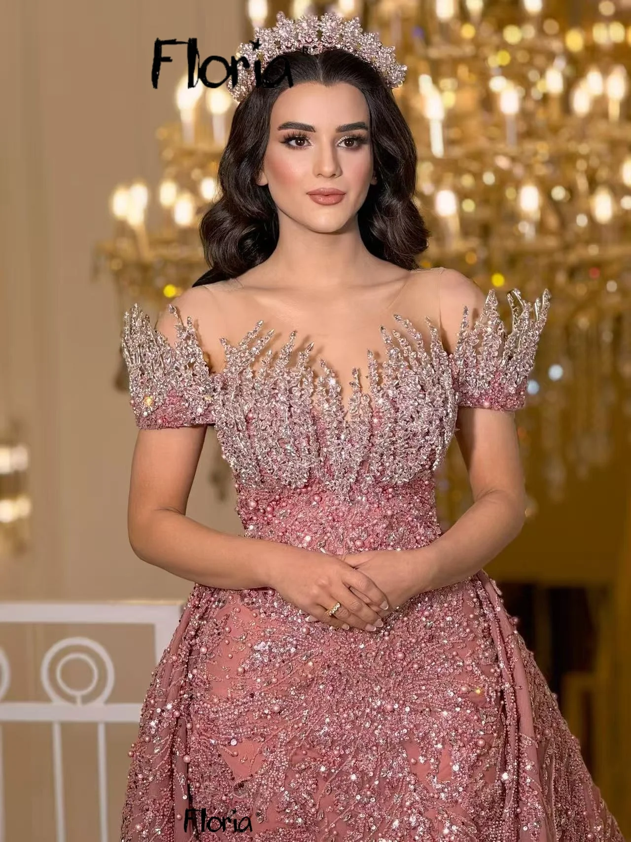 

Розовое великолепное платье из двух частей для свадебной вечеринки, кружевное платье с 3D кристаллами для помолвки и мероприятий со съемным шлейфом по индивидуальному заказу