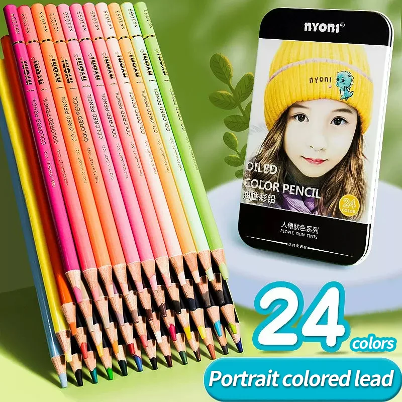 NYONI 24 Color Sketch Color Wood Charcoal Pencil Professional Portrait Art Sketching Drawing Oily Pencil Coloring Art Supplies